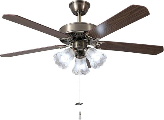52 Inch Indoor Ceiling Fan with Pull-Chain and Three LED Light Bulbs Base, Traditional 3-Speeds Reversible Blades Ceiling Fan (Antique)