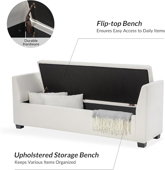EcoHarbor Living 60" Storage Ottoman Bench with Pillows, Water Resistant Storage Bench End of Bed Upholstered Bedroom Entryway Storage Ottoman Foot Stools, Ivory