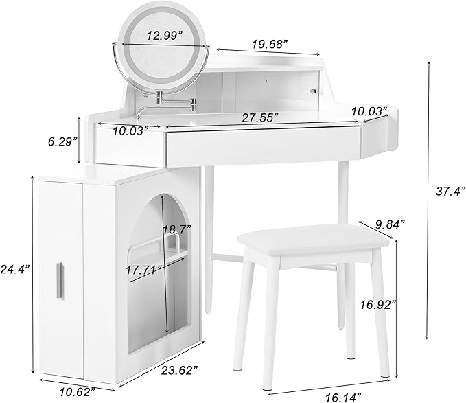 Merax Corner Vanity Desk with Mirror and Lights and Stool, White Makeup Vanity with Folding Mirror & Adjustable Light, Girl Glass Top Dressing Table with Side Storage Cabinet & Drawers for Bedroom