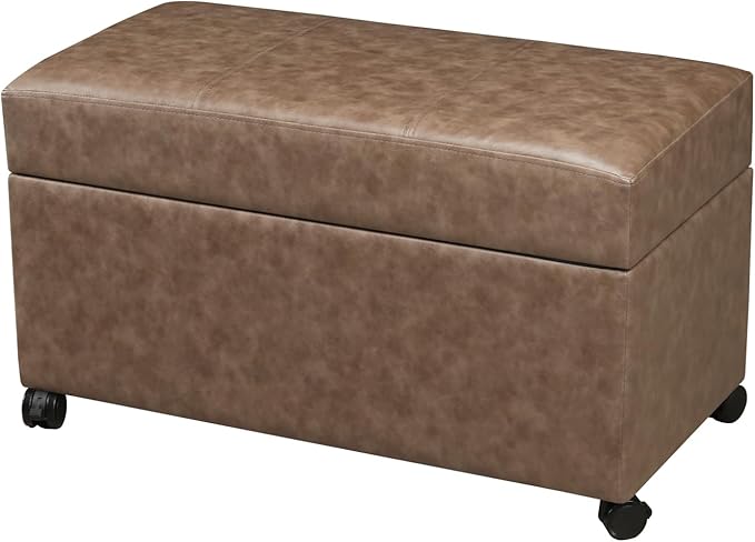 Joveco 32" Leather Storage Ottoman Bench with Wheel, Rectangle Foot Rest Stool for Living Room, Bedroom, Entryway,Earthy Light Brown Veining