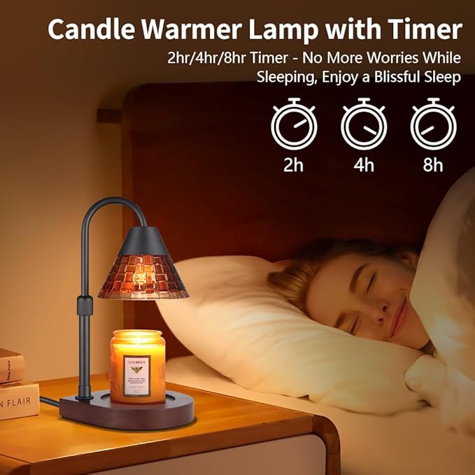 Dimmable Candle Warmer Lamp with Timer, Electric Wax Melt Warmer for Scented Jar Candles Adjustable Height Mothers Day Birthday Gifts for Women Mom Grandma, Home Offices Decor Light(Brown Glass)
