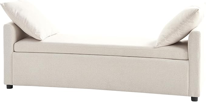 HULALA HOME Modern Storage Bench with Throw Pillows, 59.4" Extra Long Bedroom Ottoman Bench for End of Bed, Comfy Upholstered Footstool for Entryway Living Room Dining Room, Linen