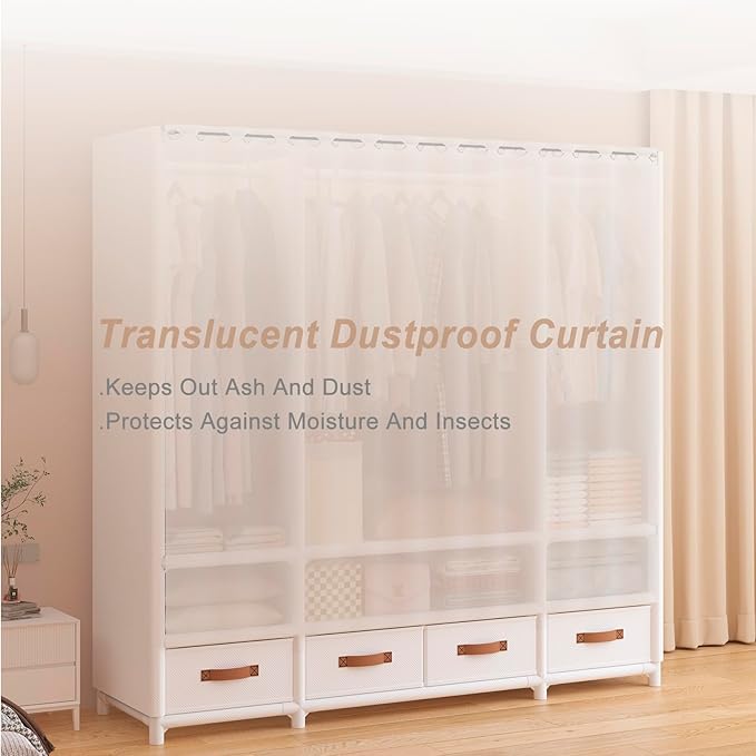 Portable Closet,Portable Closets for Hanging Clothes,Japanese Style Garment Rack with 2 Hanging Rods,6 Storage Shelves,43.3" L x 17.7" W x 65.1" H,White