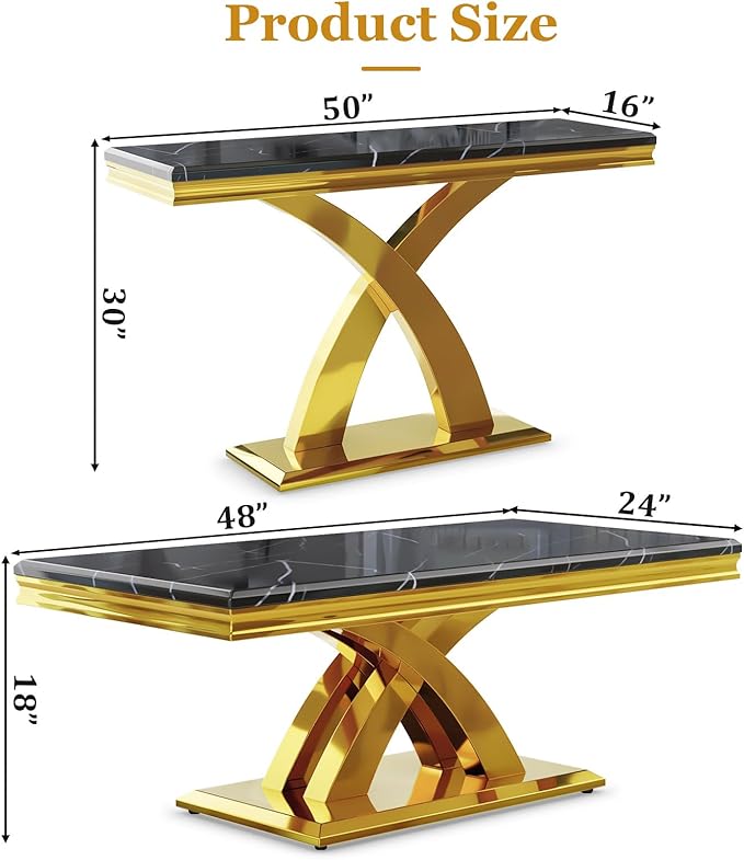 AUZ 2 Pieces Black Gold Living Room Table Set, Coffee Table and Console Table with X-Shape Design Polished Stainless Steel Frame