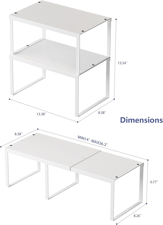 Cabinet Organizer Shelf, Set of 4 Cabinet Shelves, Stackable Metal Kitchen Counter Organizer, Adjustable Countertop Cupboard Pantry Shelf Riser Storage Rack, White