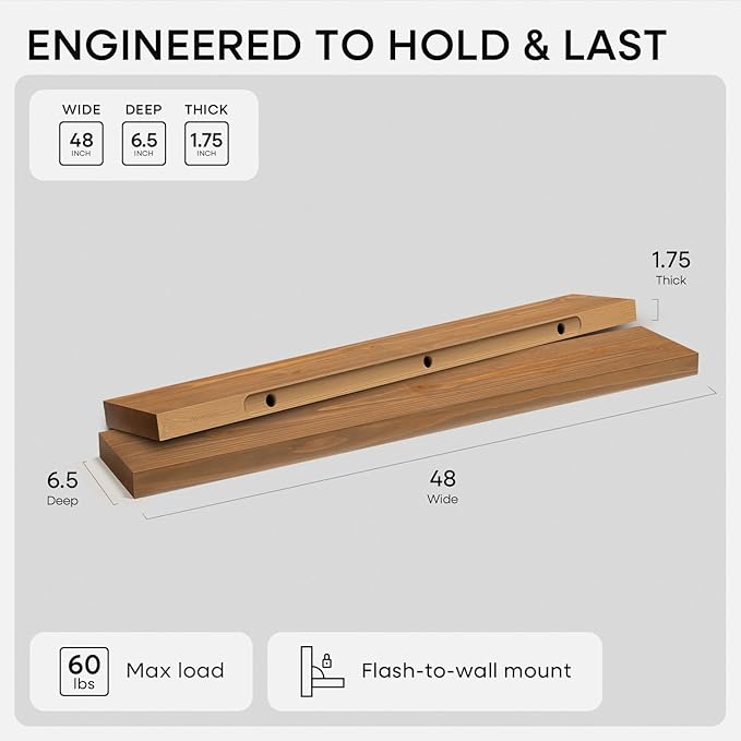Homeforia 48 inch Golden Oak Floating Shelf, High End Solid Real Wood 48inch Small Floating Shelves for Wall Mounted, Oak Wooden 48in Floating Shelves, Heavy Duty Bracket, 48 X 6.5 X 1.75 in, Set of 3