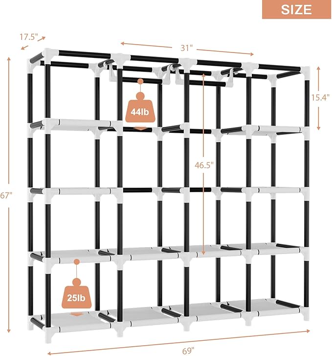 VTRIN Portable Closet, 69 Inch Wide Wardrobe Closet for Hanging Clothes, 19mm Metal Pipe,Sturdy Clothes Rack with Cover, 2 Hanging Rod,12 Shelves, 6 Pocket, Free Standing Closet for Bedroom