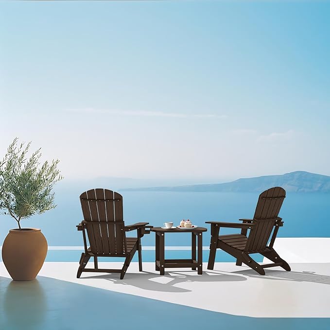 Plawdlik Folding Adirondack Chair, SGS Tested, Wooden Textured with Cup Holder, Heavy All-Weather HDPE Comfortable Set Poolside Backyard Lawn Coffee