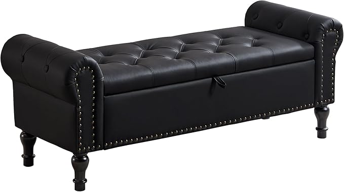Storage Bench for Bedroom, 51" Upholstered End of Bed Bench, Faux Leather Queen Size Benches with Rolled Arms, Tufted Button Storage Long Ottoman, Living Room, Entryway, Black
