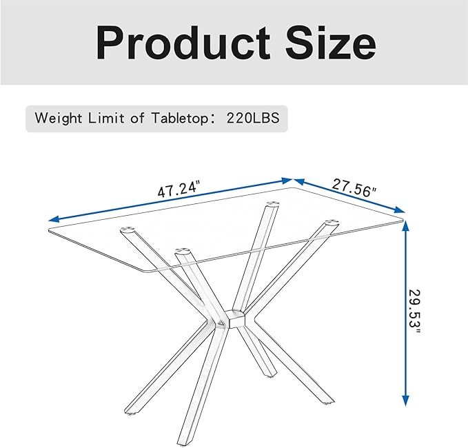 47'' Modern Glass Dining Table for 2-4 People, Rectangular Dining Room Table with Black Metal Legs, Clear Tempered Glass Top Dining Table for 4, Black Dining Kitchen Table for 4