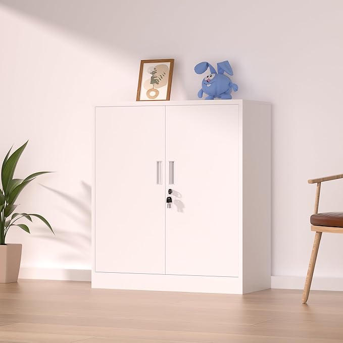 Metal Storage Cabinet with Locking Doors and 2 Adjustable Shelves, Small Lockable Storage Cabinet for Home Office Garage (White)