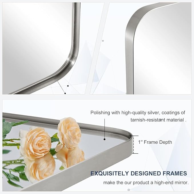 ANDY STAR 22"x34" Brushed Nickel Pivot Mirror for Bathroom, Silver Metal Frame Bathroom Mirrors for Wall，Rectangle Titling Vanity Wall Mirror with Rounded Corner Design Hangs Vertically Only