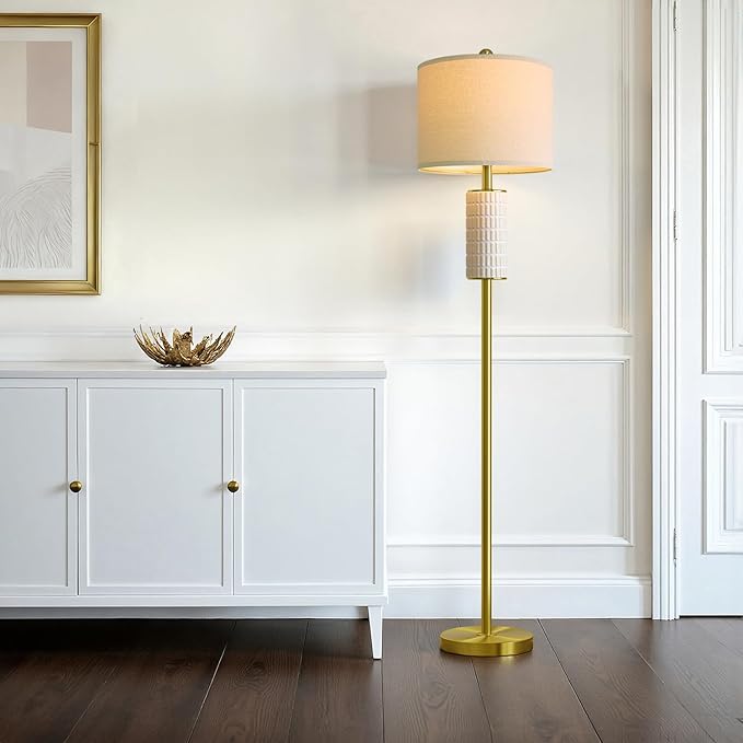 PoKat Ceramic Gold Floor Lamp with Remote, 64" Modern Floor Lamps for Living Room with Stepless Dimmable Colors Temperature, Tall Standing Lamp for Living Room Bedroom Reading, 9W Bulb Included