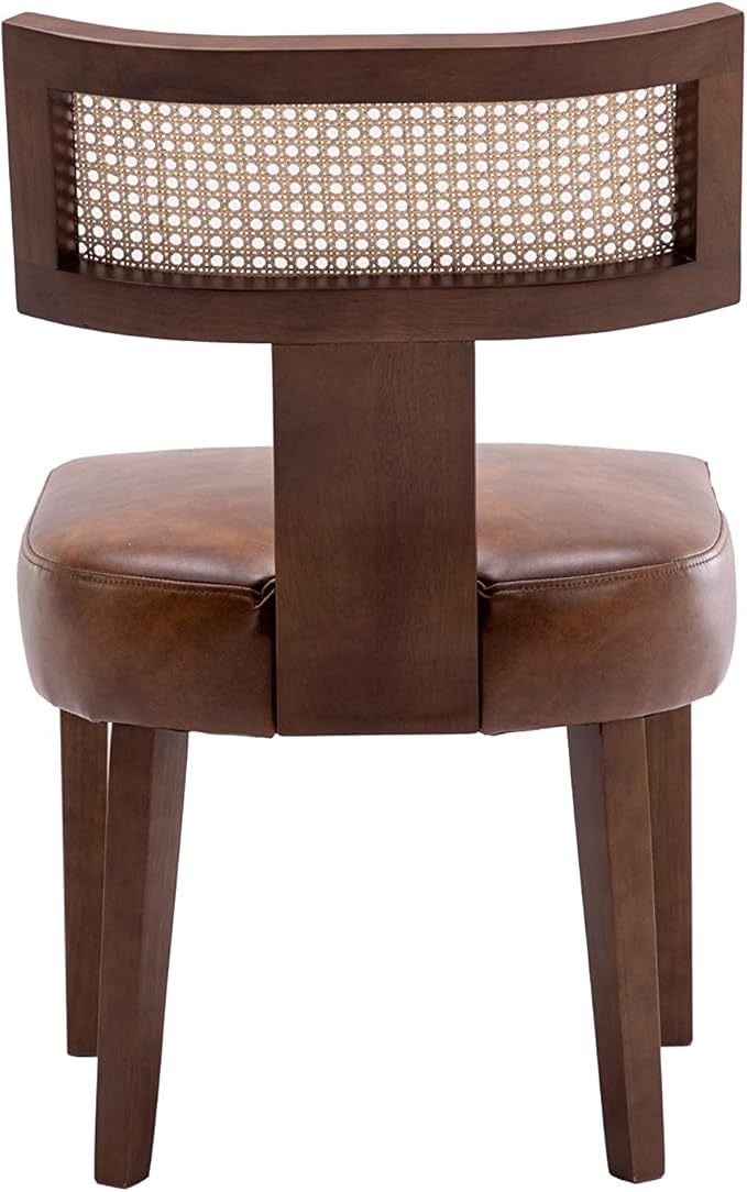 Mid Century Modern Dining Chairs Set of 4 Rattan Kitchen Chairs PU Leather Upholstered Side Chairs, Modern Kitchen Armless Solid Wood Dining Chairs, Brown