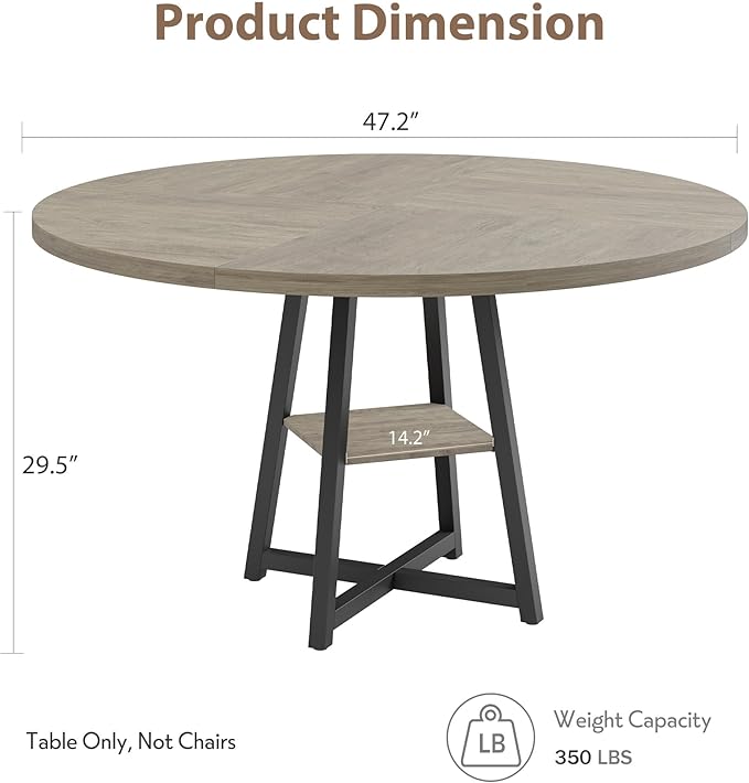 GAOMON Industrial Round Dining Table, 47 Inch Round Kitchen Table for 4, Dinner Table with Wooden Top and Metal Base for Dining Room, Living Room (Grey, 47.2 in w/Storage)