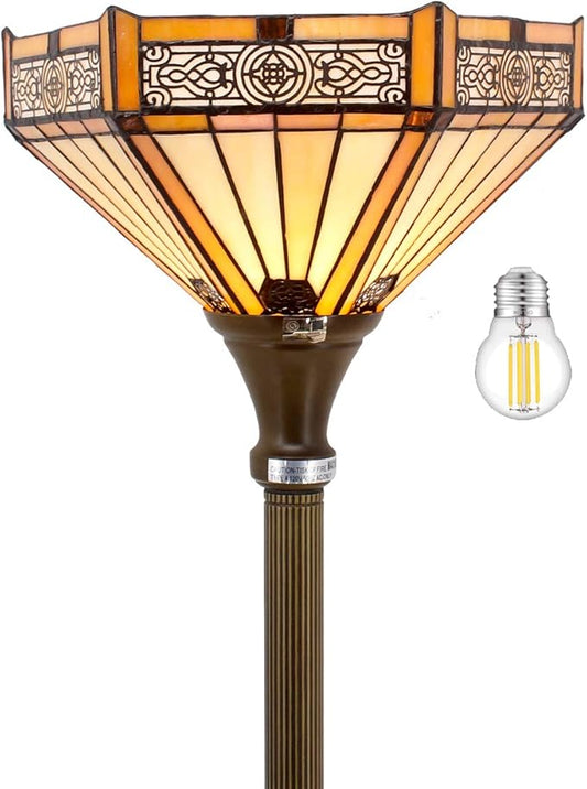 WERFACTORY Tiffany Floor Lamp Yellow Hexagon Stained Glass Mission Light 12X12X71 Inches Torchiere Standing Corner Torch Uplight Decor Bedroom Living Room Home Office S011 Series