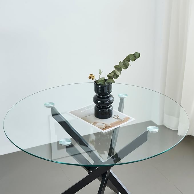 36" Round Glass Dining Table Modern Kitchen Glass Top Table for 4 with Black Metal Legs, Clear Dining Table Kitchen Table for Home Office Dining Room
