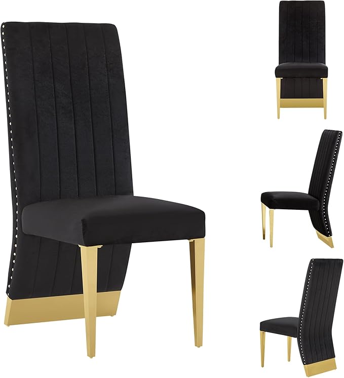 AUZ Black and Gold Dining Chairs Set of 4, Black Velvet Dining Room Chair with Nailhead Trim and Gold Polished Metal Legs, Luxury High Back Dining Chairs