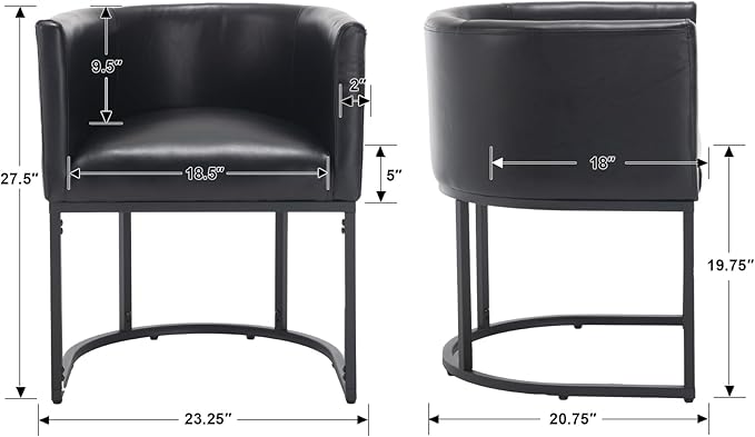 Faux Leather Dining Chairs Set of 2 Modern Barrel Arm Chairs with Black Metal Frame, Upholstered Kitchen Chairs 18.5" Wide Accent Chair for Living Room Dining Room Restaurant, Black