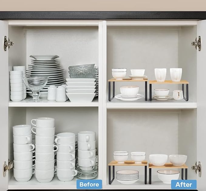 NEX Kitchen Cabinet and Counter Shelf Organizer, Stackable & Expandable, Set of 4, Black and Natural