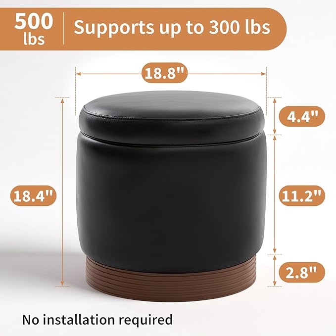 Round Storage Ottoman,Swivel Vanity Stool-Leather Foot Rest,Upholstered Footstool Pouf with Sturdy Acacia Wood Frame(500 lbs),Small Coffee Table & Hidden Storage Ottoman for Living Room