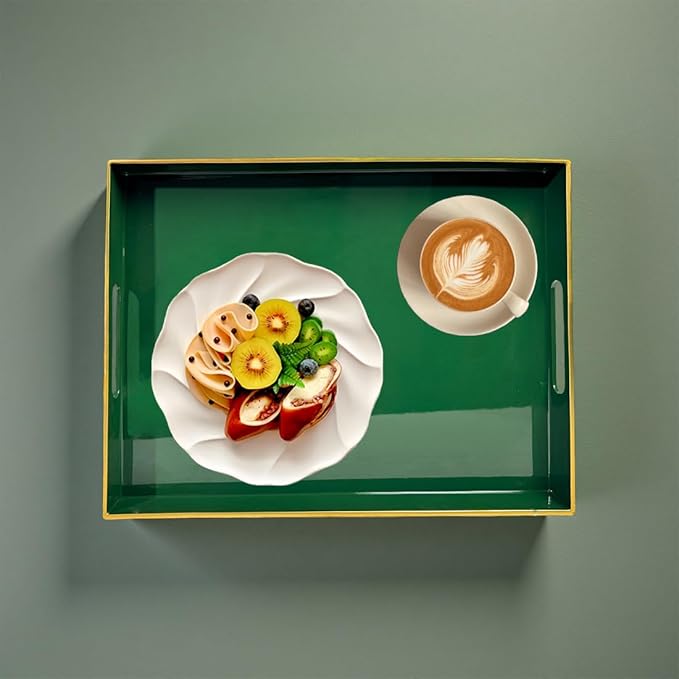 Large Green Rectangular Decorative Tray – Plastic Serving Tray with Handles for Coffee Table, Ottoman, Living Room, 15.7” x 11.8” x 1.6