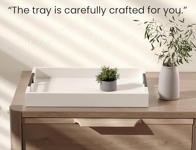 Bamboo Serving Tray with Metal Handles,17x12in Ottoman Decorative Trays Platter for Coffee Table,Living Room,Bar,Party,Large(White)