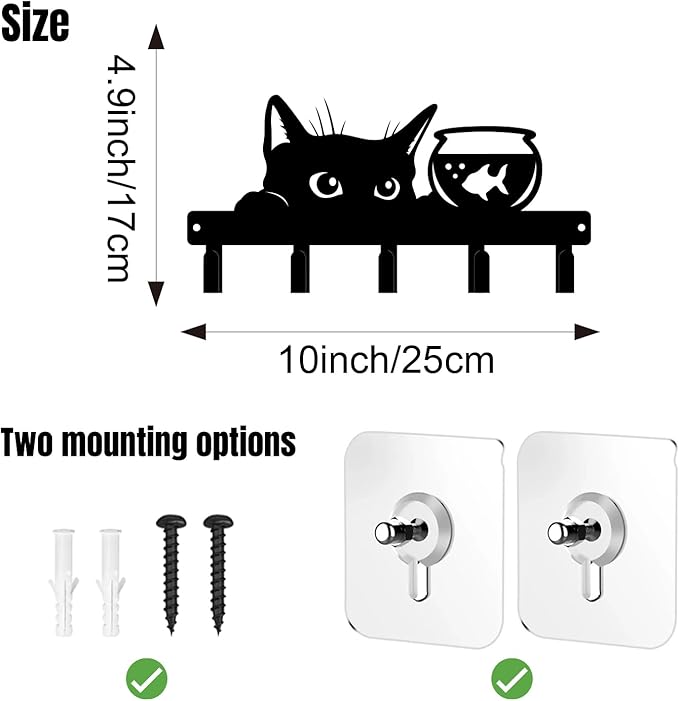magilab Cat-Themed 10-Inch Iron Key Hooks with 5 Hooks, Black Wall Organizer - Cute Cat Design for Home Decor, No Drill & Screw-in Options (Style F)