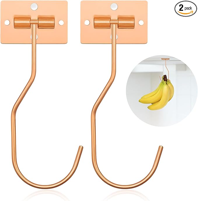 Banana Hanger Hook – Space Saving Banana Holder Hanger to Keep Bananas Fresh, Self Adhesive and Screw Banana Hook 2Pack Rose Gold