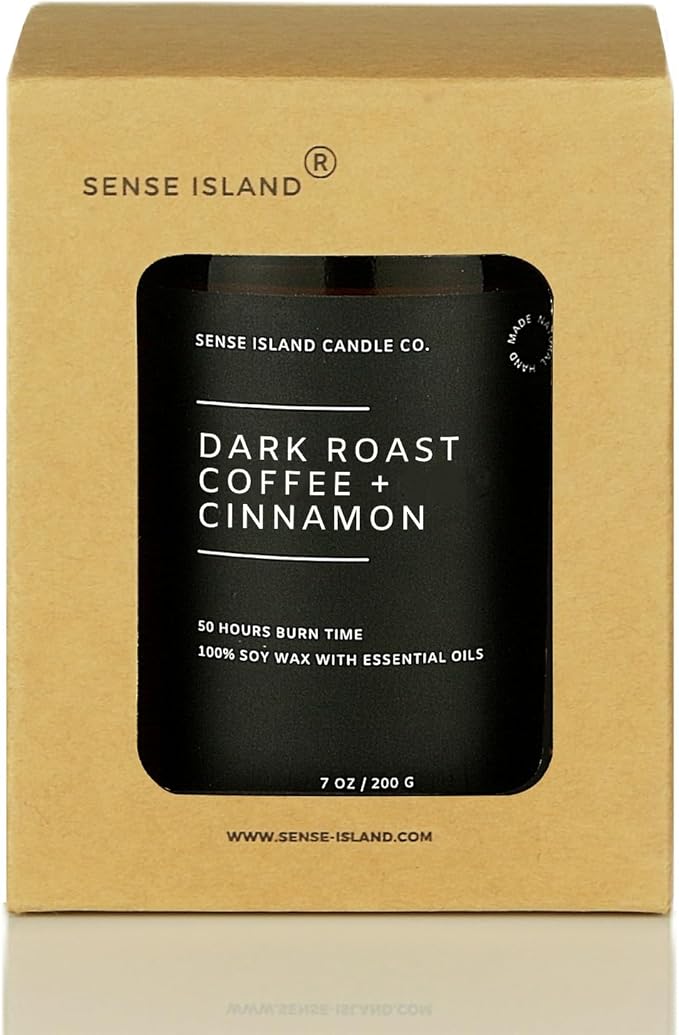 SENSE ISLAND Dark Roast Coffee with Cinnamon Scented Fall Candle | Natural Soy Wax 7 oz, up to 50 Hrs Burn Time Highly Scented House Warming Autumn Gifts