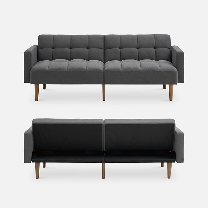 mopio Aaron 76.8" Couch, Small Futon Sofa Bed, Sleeper, Loveseat, Mid Century Modern Futon Couch, Sofa Cama, Couches for Living Room, Bedroom (Dark Grey Fabric)