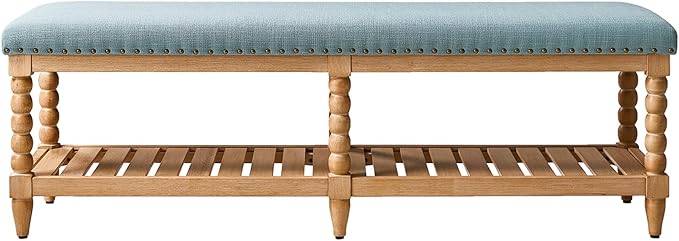 HULALA HOME Farmhouse Entryway Bench, 58" Fabric Bed Bench with Shelf, Solid Spindle Legs, Nailhead Trim Detail for Bedroom, Living Room, Hallway, Blue