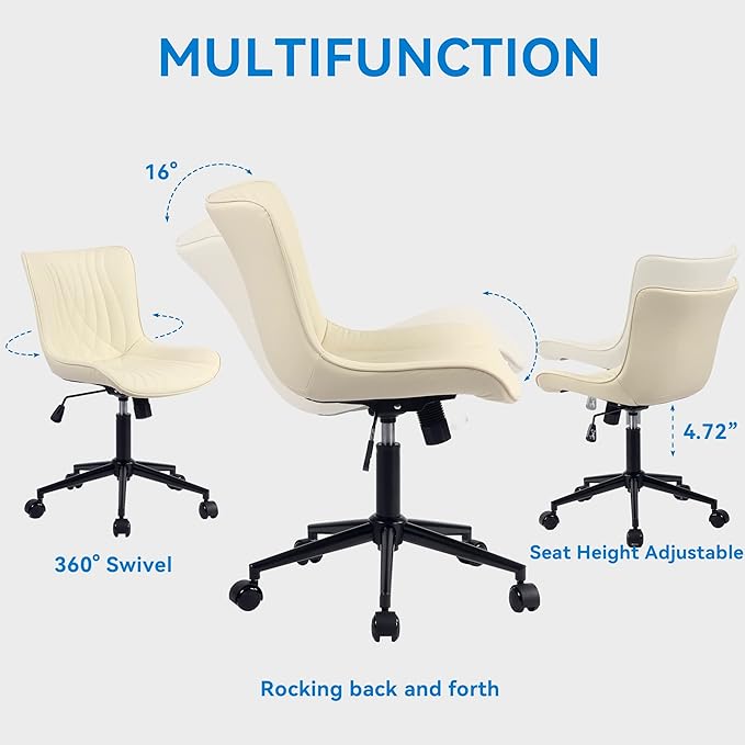 YOUNIKE Office Chair, Armless Desk Chair with Wheels, Adjustable Swivel Home Office Computer Task Chairs, Modern Faux Leather Padded Vanity Chair with Back, Beige