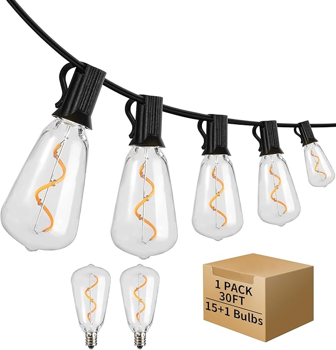 30FT LED Outdoor String Lights Waterproof, 2200K ST38 LED Globe Outdoor Lights for Patio with 16 Edison Vintage Shatterproof Bulbs, Connectable Backyard Lights for Garden, Bistro, Porch, Cafe