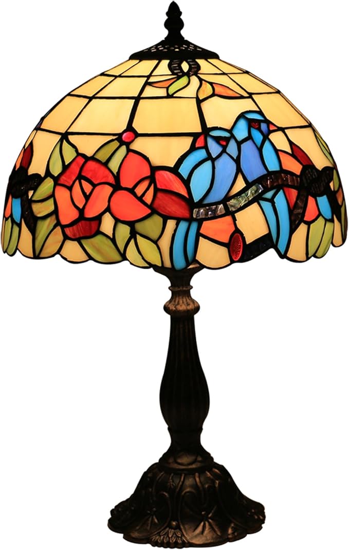 Tiffany Style Table Lamp Hummingbirds Flower Stained Glass Bedside Nightstand Table Lamp for Bedroom,Living Room,Home Office Farmhouse Desk Lamps 12X12X19Inch