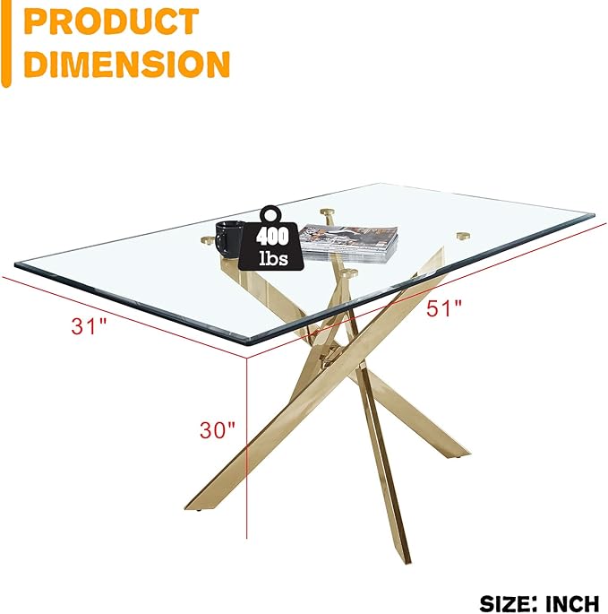 51-Inch Glass Dining Room Table for 4-6 People, Modern Rectangular Kitchen Dining Table with Gold Cross-Shape Stainless Steel Legs for Apartment Kitchen Dining Room