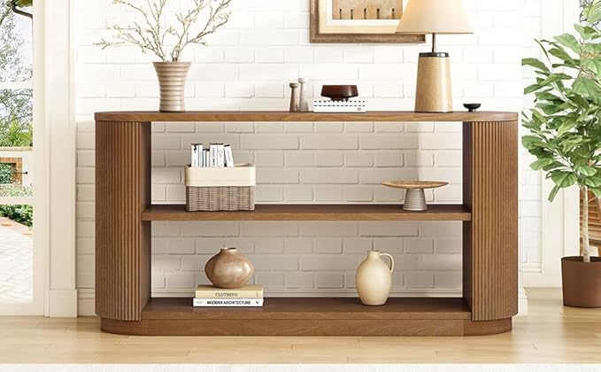 Modern Curved Console Table for Entryway, Farmhouse Solid Wood Fluted Sofa Table with Open Shelf & Elegant Wood Grain, Oval Long Foyer Table for Entry Way Hallway Living Room-58.9" Brown