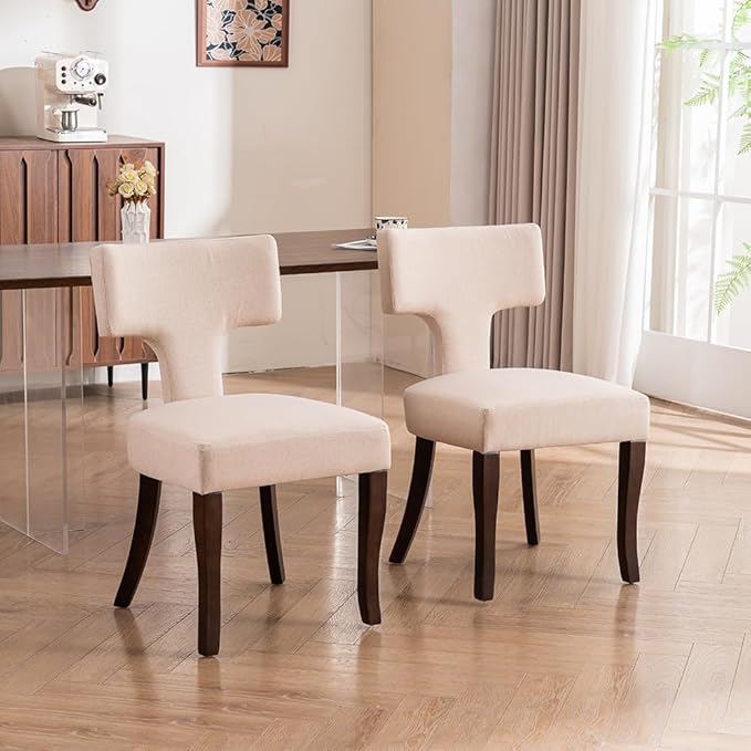 Mid Century Modern Dining Chairs Set of 2, Upholstered Side Dining Chairs with Curved Back Linen Fabric Armless Wood Chairs Kitchen & Dining Room Farmhouse Chairs (Ivory, Set of 2)