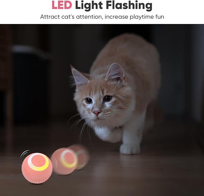 Petbobi Interactive Cat Toy Ball - Automatic Cat Toy with LED Light, USB Rechargeable Self Moving Ball, Indoor Active Rolling Toys, 360°Rotating Smart Sphere, 2 Modes, Fun Gift for Kitten, Pink