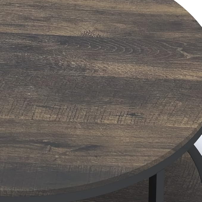 NSdirect 36 inches Round Coffee Table, Rustic Wooden Surface Top & Sturdy Metal Legs Industrial Sofa Table for Living Room Modern Design Home Furniture with Storage Open Shelf(Rustic Brown)