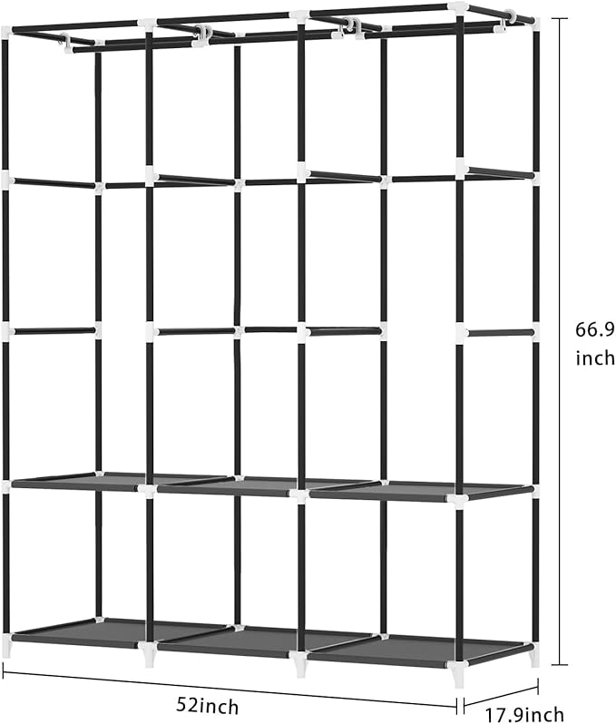 LOKEME Portable Closet, Wardrobe Closet with 3 Hanging Rods and 6 Storage Shelves and 4 Side Pockets, Gray Portable Closets for Hanging Clothes Easy to Assemble and Strong and Stable