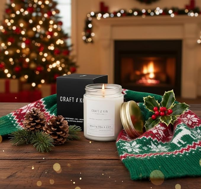 Craft & Kin Patchouli & Amber Christmas Scented Candle | 8 Oz, 45-Hour Long Lasting | Classic Soy with Woodwick Winter Candles | Made with Natural Soy | Holiday Candles Gifts for Men and Women