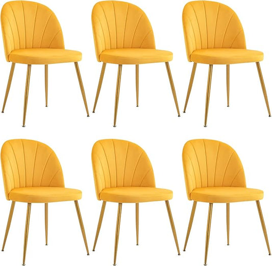 Velvet Dining Chairs Set of 6, Upholstered Mid Century Modern Dining Chairs, Armless Accent Chair with Metal Gold Legs for Living Room, Kitchen, Dining Room, Yellow