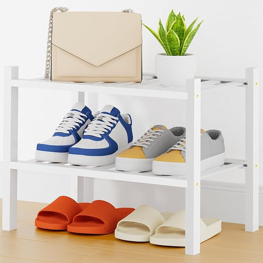 Smiry Shoe Rack, 2 Tier Thick Small Bamboo Shoe Organizer, Stackable Free Standing Wooden Shoe Storage Shelf for Closet, Entryway, Front Door Entrance, White