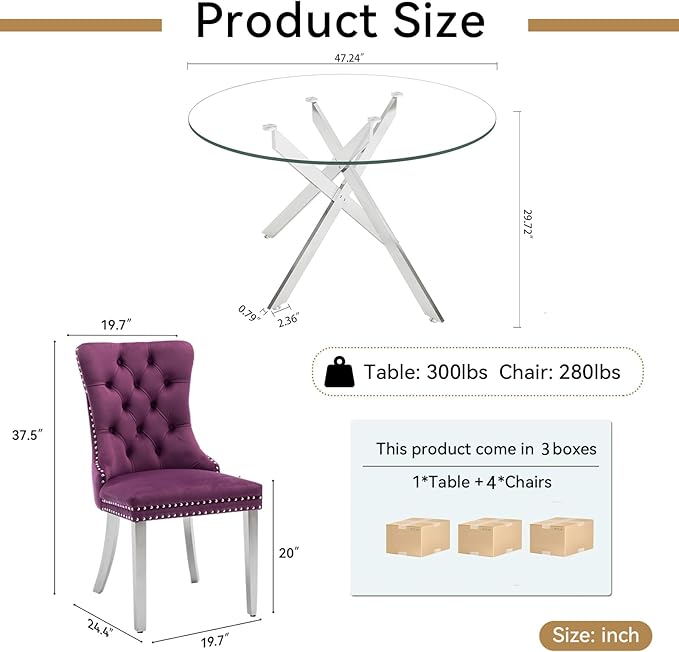 Goujxcy 5 Piece Round Glass Dining Table Set for 4, 47" Round Dining Table & Chair Set Modern Circle Glass Kitchen Table and 4 Velvet Upholstered Chairs for Kitchen Dining (Silver & Pueple Chair)