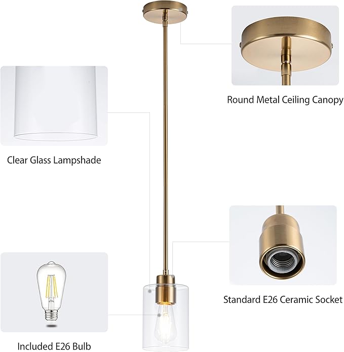 MAYNA 3-Pack Brushed Brass Dining Room Light Fixtures, Modern Gold Pendant Lighting Over Island, Adjustable Rods Glass Chandelier for Kitchen Table (Bulbs Included)