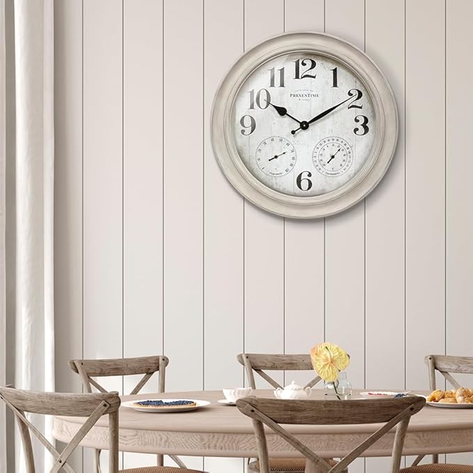 Presentime & Co. 26" Clifton in/Outdoor Farmhouse Clock with Thermometer & Hygrometer as All in One Weather Station, Farmhouse Wall Art and Timepiece for Home Decoration, Weathered White Finish