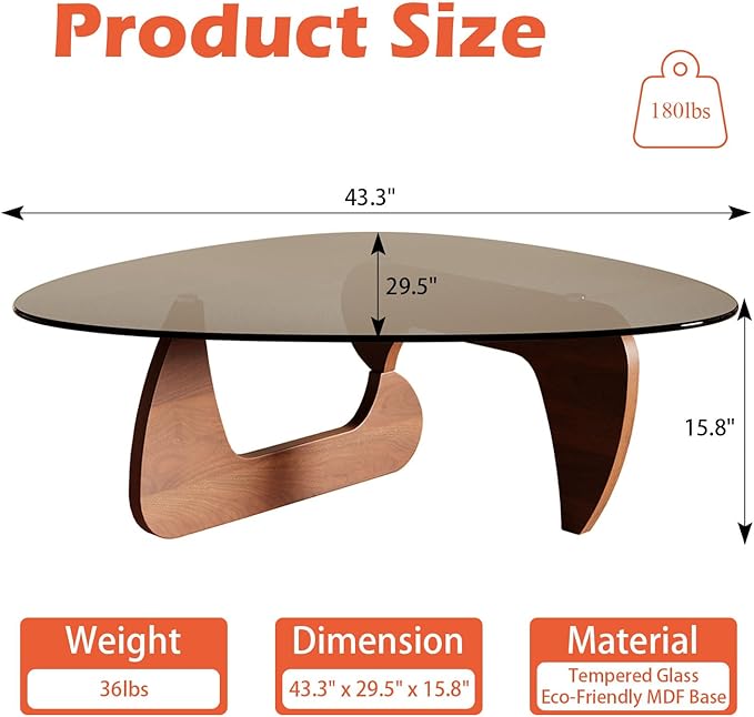 Modern Coffee Table for Living Room and Small Spaces, 43.3" x 29.5" x 15.8" Triangle Tempered Glass Table Top and Eco-Friendly MDF Base, Walnut