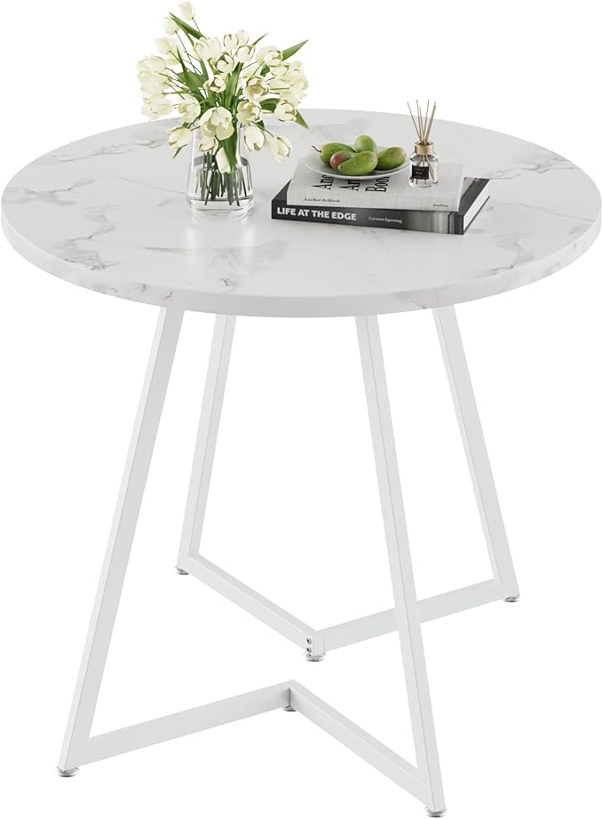 VECELO Round Dining Room Table with Wood Grain Tabletop and Steel Frame, for Kitchen, Living Room, Office, Conference, 2 to 4 Person, Fuax Marbled & White