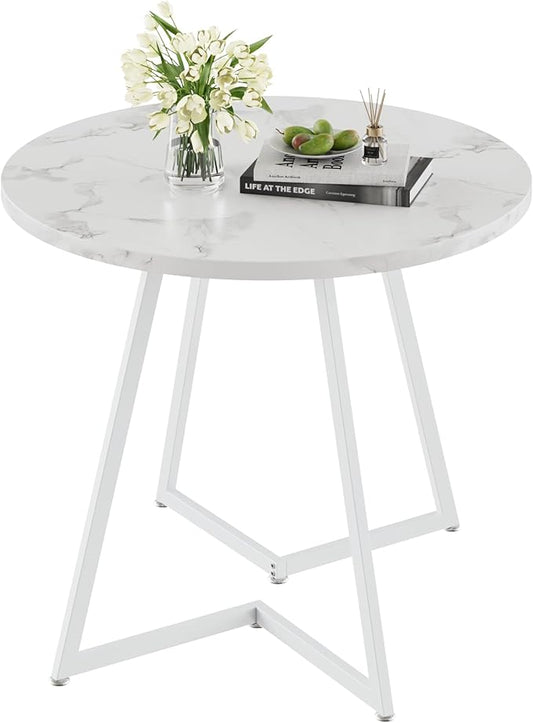 VECELO Round Dining Room Table with Wood Grain Tabletop and Steel Frame, for Kitchen, Living Room, Office, Conference, 2 to 4 Person, Fuax Marbled & White